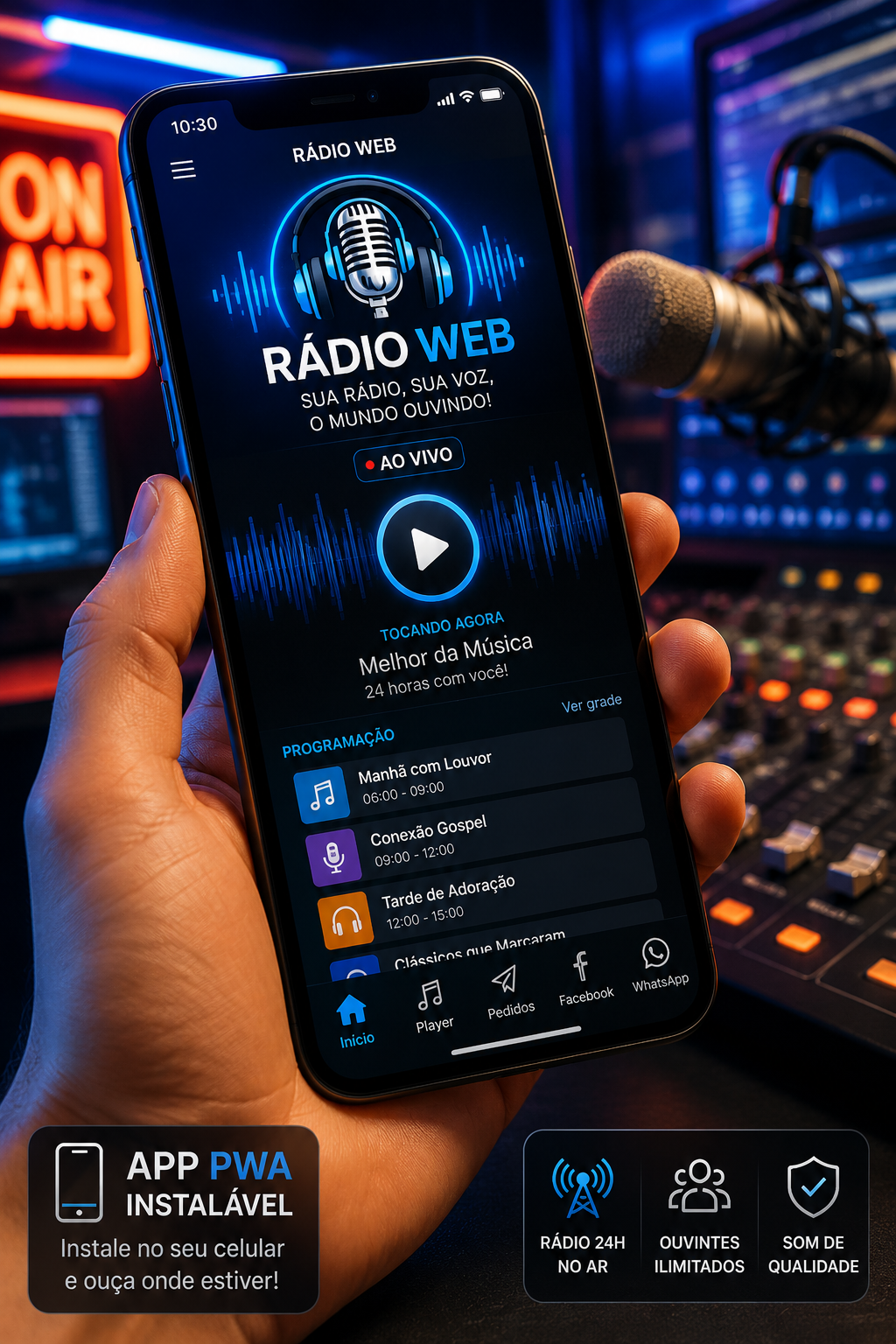 Celular exibindo um aplicativo PWA de rádio web