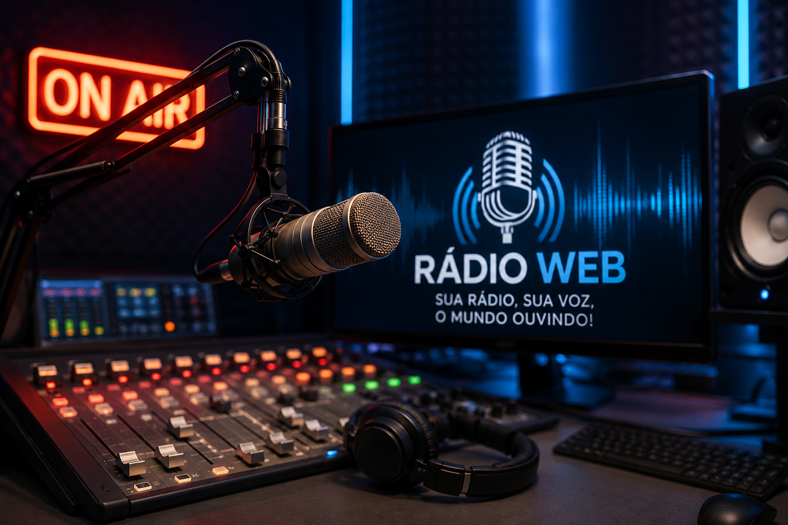 Estúdio profissional de rádio web com microfone, mesa de som e sinal ON AIR